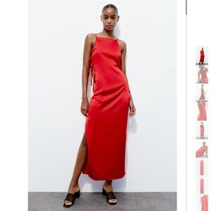 NWT ZARA TIED SATIN EFFECT DRESS RED